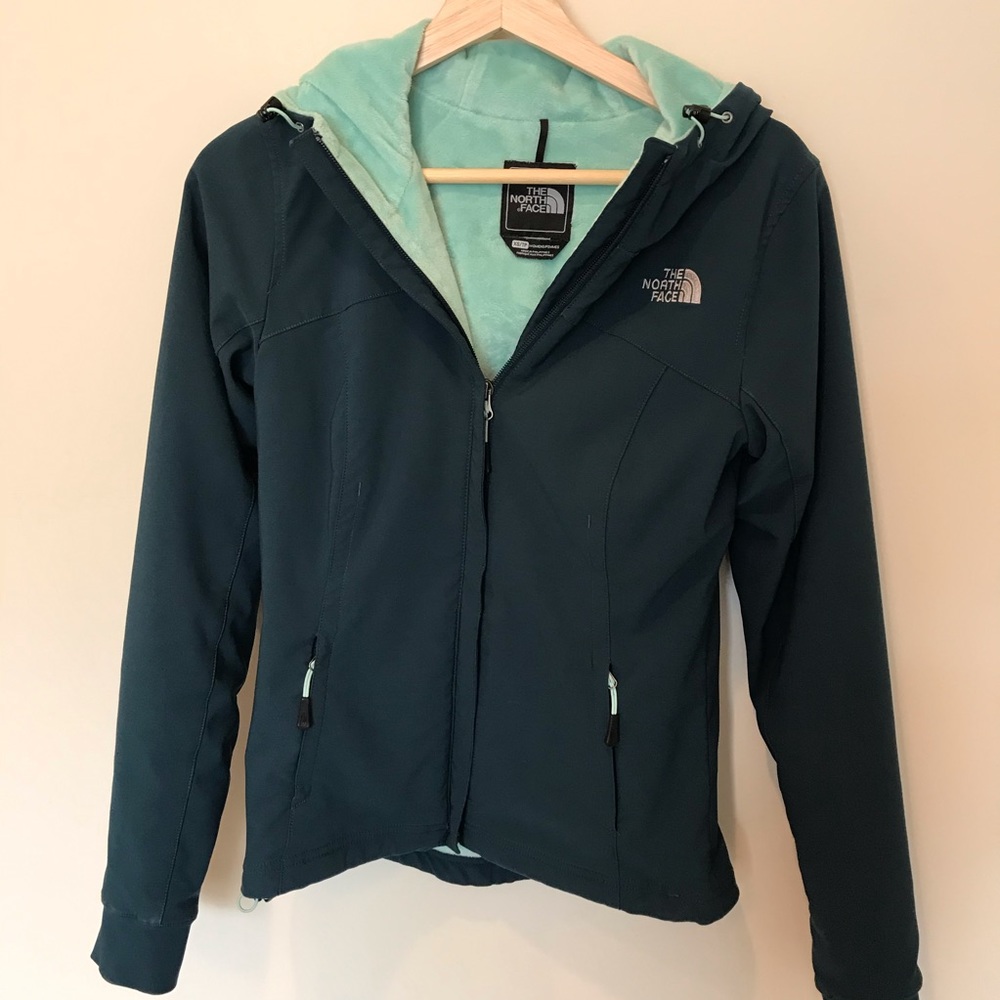 North Face teal fleece lined softshell hoodie XS